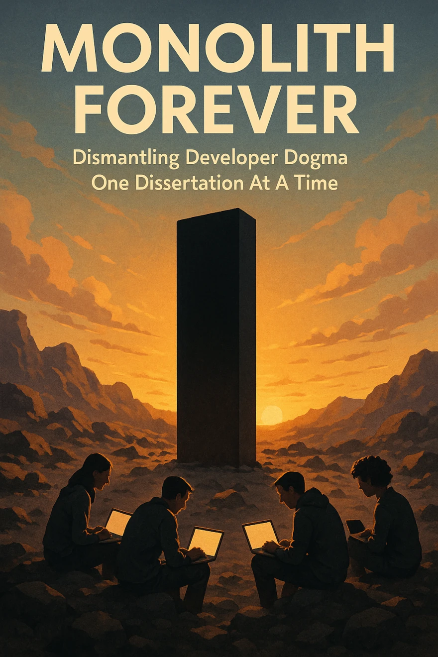 The cover of 'Monolith Forever' depicting several developers on laptops around a monolith in the desert.
